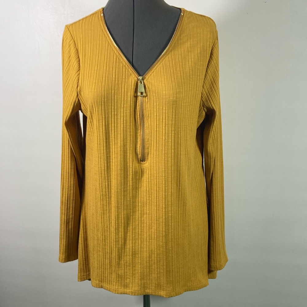 Cable Gauge Top Women Size XL Gold Zipper Neckline Long Sleeve